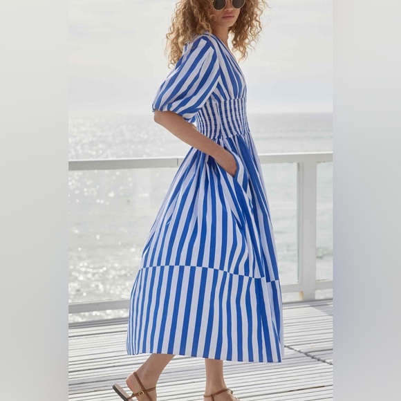 AYR The Puff Sleeve Midi Dress in Marais Blue Regatta Stripe Size S - Picture 2 of 12